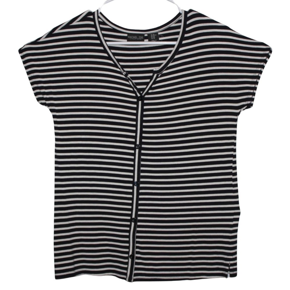 Women's Rachel Zoe Black White Stripes Short Sleeve Button Down Shirt Size XS